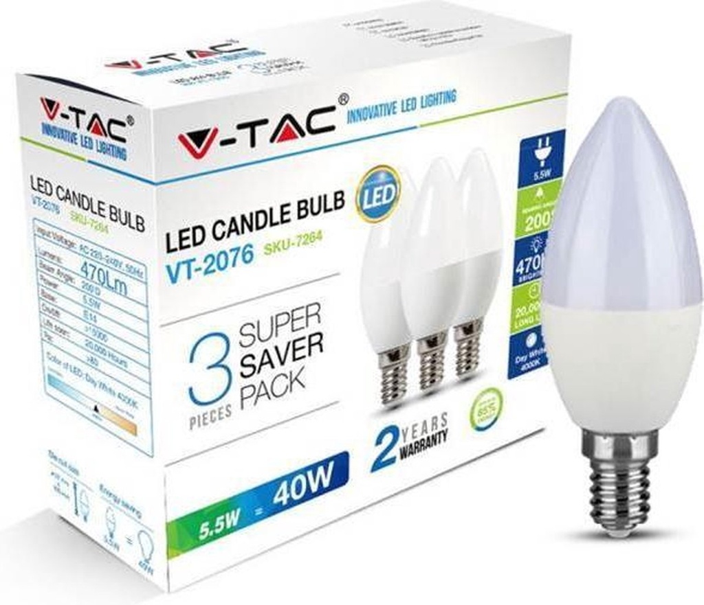 Ampoule bougie en plastique VT-2076 5,5 W, lot de 3, E14