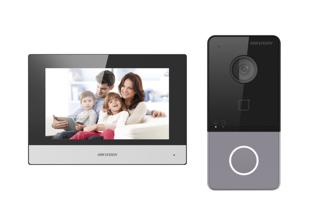 Hikvision DS-KIS603-P(C) - IP POE , Kit d'interphone vidéo IP-POE 1 bouton d'appel, montage en surface, écran tactile Wi-Fi 7 pouces