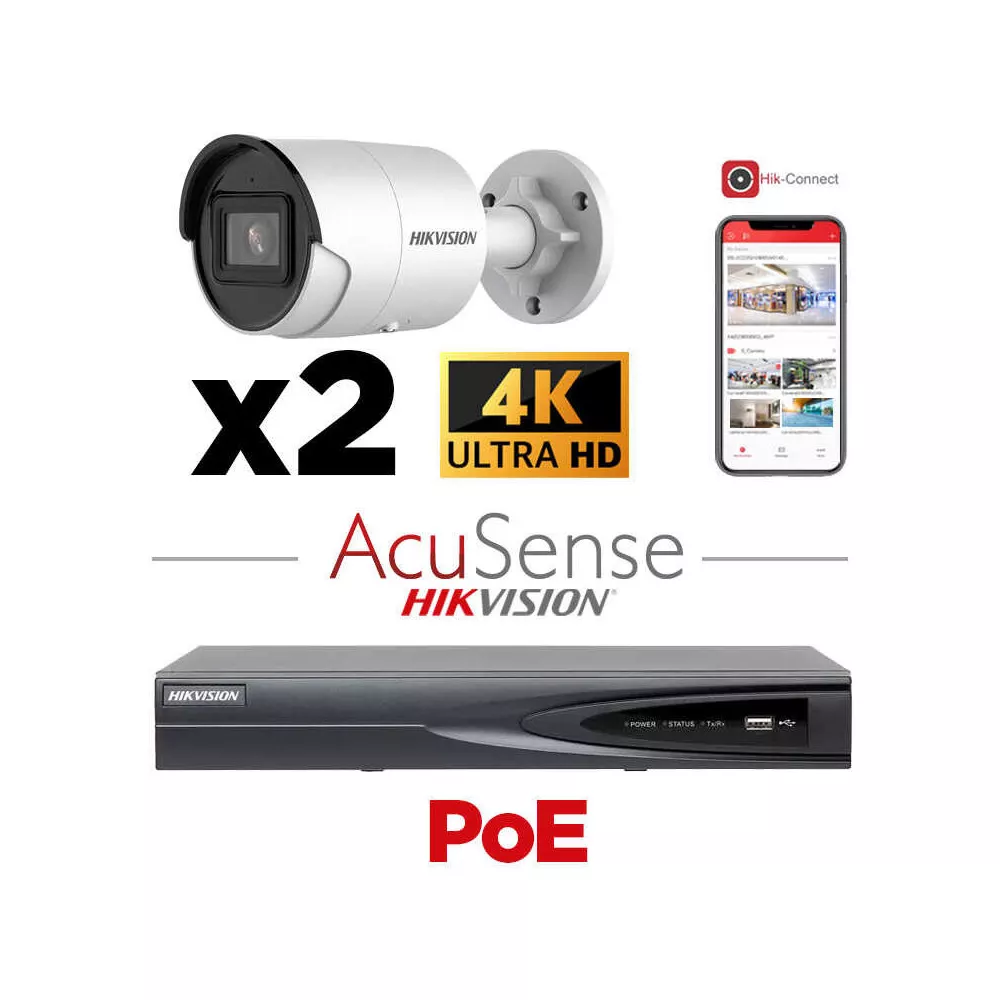 HIKVISION Camera Kit Acusense - Smart Hybrid Light with ColorVu Serie -  2x IP Camera Bullet 4k-8MP Active strobe light and audio alarm -NVR Acusense NXI Series 8xChannel With POE - Hard Disk 4Tb Extensible To Max 4x IP Camera