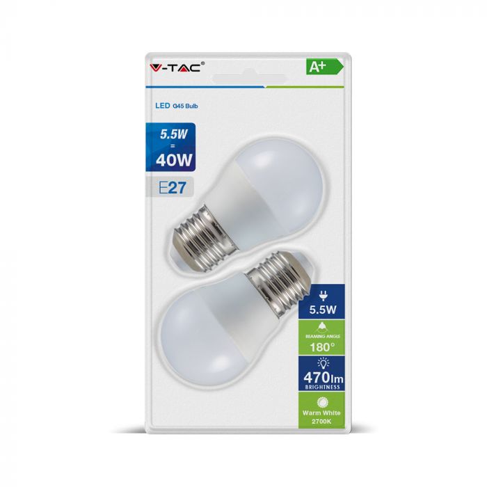 Ampoules en plastique G45 VT-2166 5,5 W E27, lot de 2, code couleur 2 700 K, blanc chaud