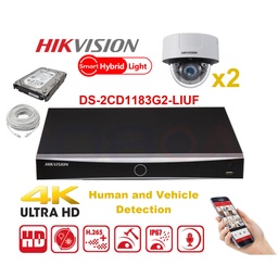 [IPMD-8M-2D] Kit caméra HIKVISION Smart Hybrid G2 Series 2x IP Camera Dome 8MP - NVR 4xChannel - Disque dur 2 To extensible jusqu'à 4x IP Camera
