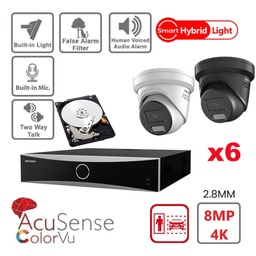 HIKVISION Camera Kit Acusense - Smart Hybrid Light with ColorVu Serie -  6x IP Camera Turret 4k-8MP Active strobe light and audio alarm -NVR Acusense NXI Series 8xChannel With POE - Hard Disk 6Tb Extensible To Max 8x IP Camera