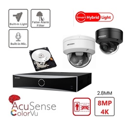 HIKVISION Camera Kit Acusense - Smart Hybrid Light with ColorVu Serie -  4x IP Camera Dome 4k-8MP  built-in audio  -NVR Acusense NXI Series 8xChannel With POE - Hard Disk 4Tb Extensible To Max 8x IP Camera
