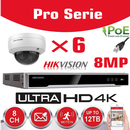 [IPHK-BE-86D-WH] Kit Hikvision IP 6x Caméra 8MP IR / Série Essential DS-2CD2183G0-IU Caméra dôme audio IR Standard 30 m - Enregistreur NVR DS-7608NXI-K1/8P 8 canaux - Disque dur 4 To installé